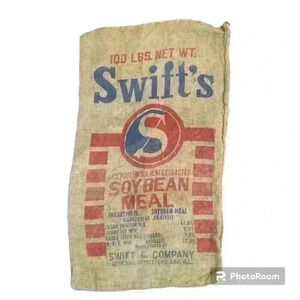 ANTIQUE SWIFT'S SOYBEAN MEAL CHICAGO IL 100 LBS LARGE BURLAP FEED SACK FARMHOUSE